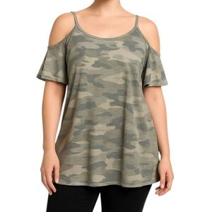 CREPAS Green Camo Cold Shoulder Tunic Top‎ Or Mini Dress 1XL Cutout USA Made Y2K